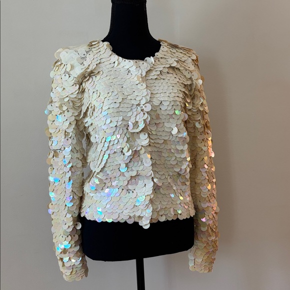 Norma Kamali Vintage 1980 Pailette Sequin Cream Iridescent Cardigan size Medium - Picture 2 of 13